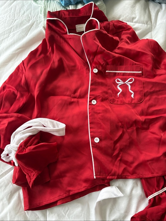 Simply Southern Other - Simply Southern Red Satin Bow Pajama Top with White Piping